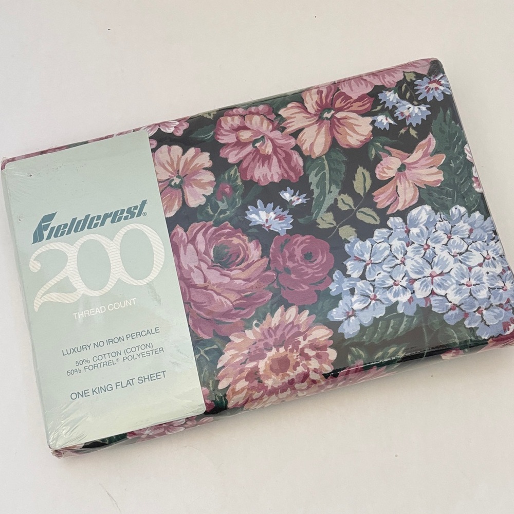 Vintage Fieldcrest Gazebo‎ King Flat Sheet Black Pink Floral Hydrangea NEW